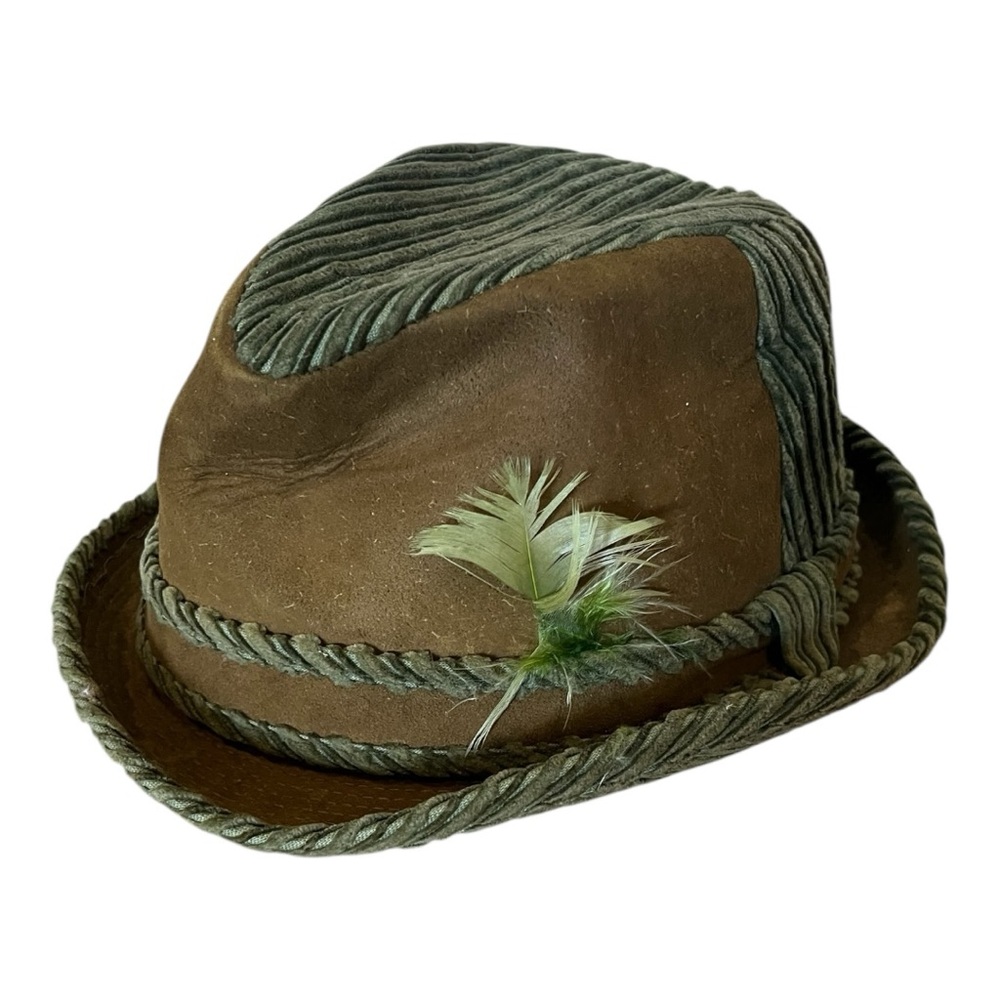 Dobbs green and brown corduroy Fedora with Feather Accent